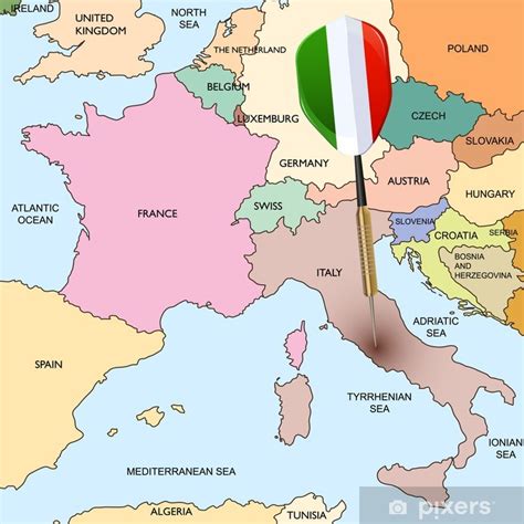 Es un país de europa con una superfice de 64.589 km2 y una población de 2.070.371 habitantes. Póster Meta - Italia. Dardo golpear en Italia en el mapa ...