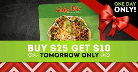 Cafe rio gift cards from $5 is valid only for a limited time. Cafe Rio Gift Card Deal: Free $10 Gift With $25 Gift Card ...