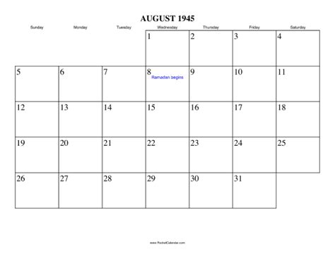 The crossword solver found 20 answers to the from august 1945?(4 3) crossword clue. August 1945 Calendar