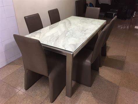 Its sturdy iron frame is topped with a solid marble top that seats six to a versatile spot to dine, gather or work. WTS: Used Marble Dining Table & 6 Chairs - Want-to-Sell ...