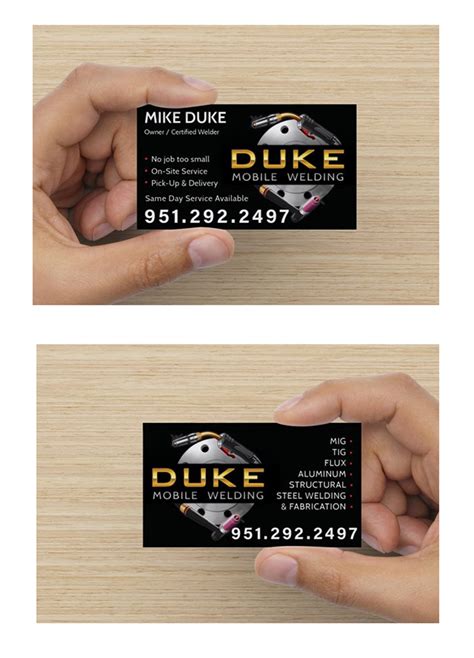 Simulated metallic business cards with shiny metal look background and text layout you can easily customize the text color or font style. Logo Design & Business Card - Duke Mobile Welding on Behance