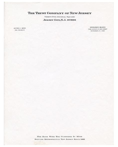 It typically includes the company logo, company name, address, and contact information. #67 / New Jersey Trust Letterhead - Neche Collection