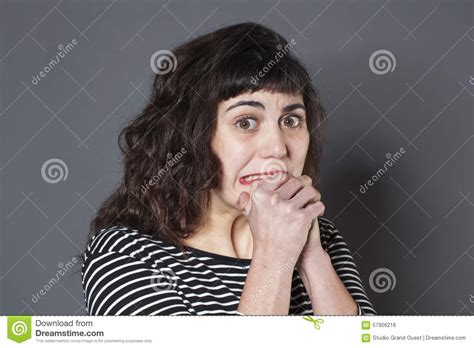 Anxious Young Brunette Woman Looking Terrified Stock Photo ...