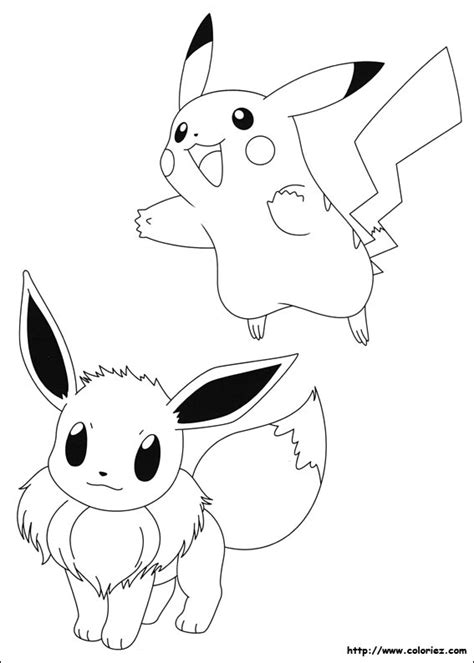 Ce coloriage gratuit te montre le fidèle compagnon de sacha jouant avec deux petits pichus. COLORIAGE - Evoli et Pikachu