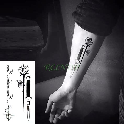 Elegant english rose temporary tattoo with hearts and roses. Waterproof Temporary Tattoo Sticker dagger Knife rose ...