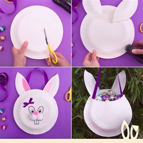 Draw a face on the plate and poke small holes for the whiskers. Easter bag made from a plate | Easter bags, Crafts, Arts and crafts