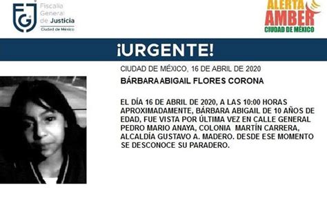 El jueves de la semana pasada la fiscalía general de justicia de la ciudad de méxico activó la alerta amber para dar con el paradero de fátima, de … Bárbara de 10 años se encuentra desaparecida: Alerta Amber ...