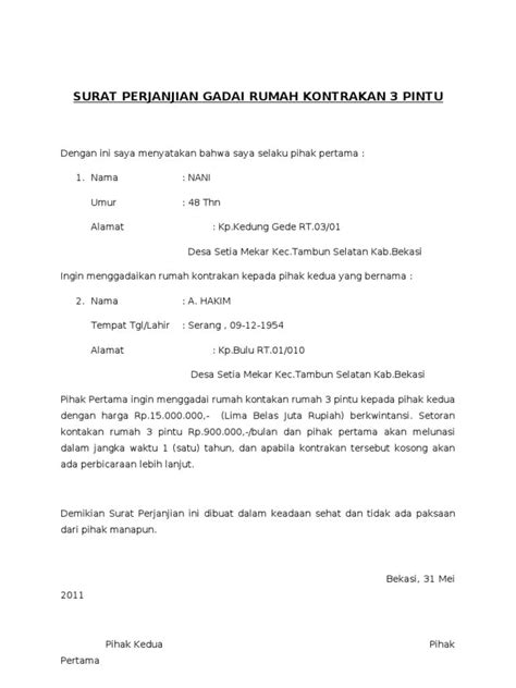 Contoh surat perjanjian kerjasama diperlukan untuk anda yang ingin membuat surat perjanjian bisnis. Contoh Surat Perjanjian Gadai Rumah Simple - Barisan Contoh