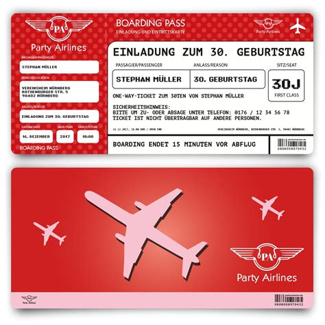 ✓ immer die optimale verbindung: Einladungskarten als Flugticket in Rot zum Geburtstag bestellen!