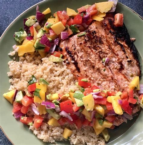 1 ripe mango, peeled, pitted, and diced medium. Salmon with mango avocado chutney with quinoa instead of ...