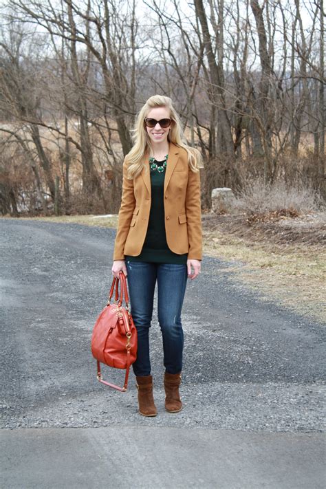 For example, wear a camel blazer with a black blouse for the top. { Prep School: Camel blazer, Hunter green sweater ...