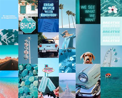 Download A Collage Of Blue Pictures With A Car And A Beach Wallpaper