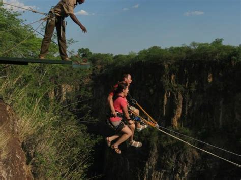 Imagine taking a running jump into thin air over the chasm, soaring horizontally through the air over the turmoil of the zambezi below. Getting ready to jump off the platform - Picture of Wild ...