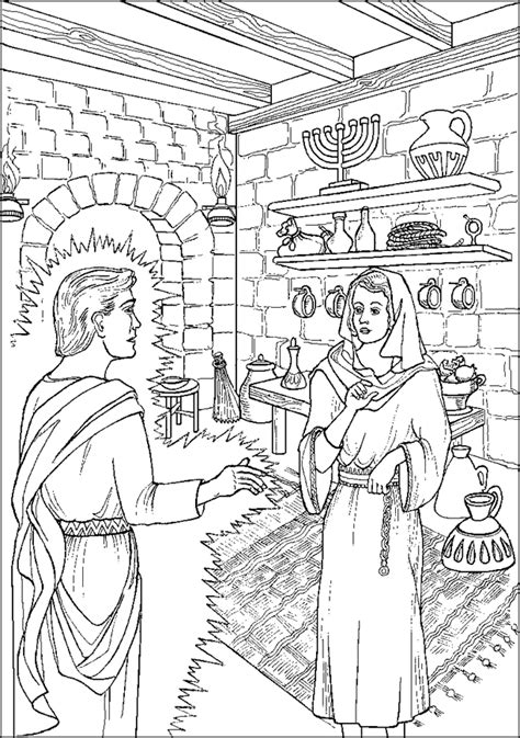 And she conceived of the holy spirit. Angel Appears to Mary - Coloring Page | Bible: Jesus & His ...