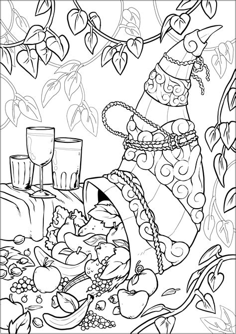 Flowers of this plant is very distinctive: Cornucopia full of fruits - Thanksgiving Adult Coloring Pages