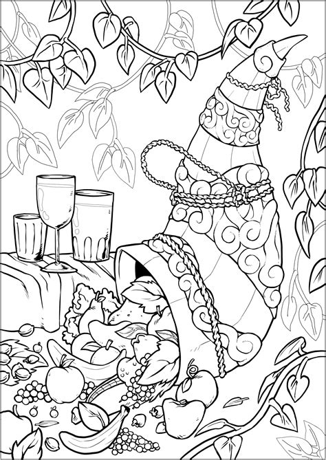 Kids who color generally acquire and use knowledge more efficiently and effectively. Cornucopia full of fruits - Thanksgiving Adult Coloring Pages