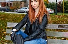 leather jacket boots girls gloves jeans women sexy redhead amateur knee high beautiful burgundy cute outfit heels thigh fashion
