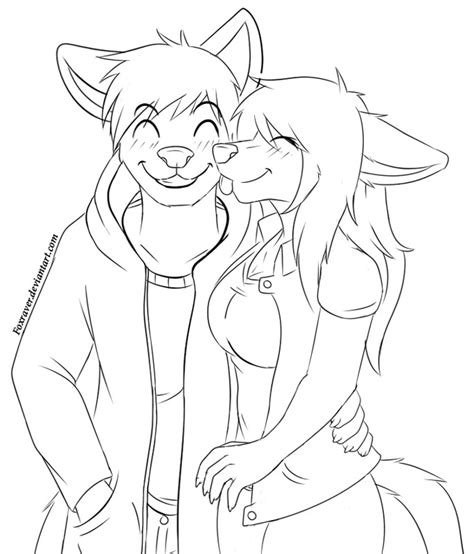 Continuous line drawing of loving couple. A furry Couple - (Remastered - Line-art) by Foxraver ...