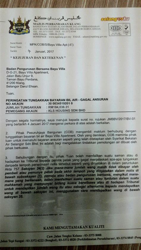 Semenjak april 2019 caj bil air selangor tidak masuk akal dikenakan kepada pengguna, roslan ibrahim menetap di bangi BAYU VILLA APARTMENT KLANG: Surat Peringatan Gagal Ansuran ...