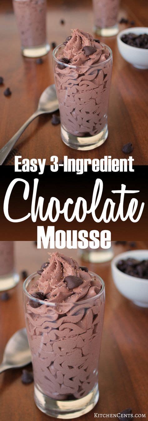 This chocolate mousse recipe makes a very thick chocolate mousse that holds it's shape when piped. 3-Ingredient Chocolate Mousse | Recipe | Desserts, Easy ...