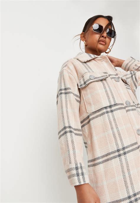 Pink Brushed Check Long Length Shacket | Missguided