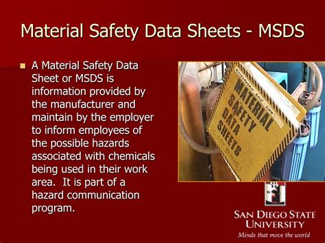 The material safety data sheet or msds is used for documenting critical information about hazardous chemicals in the workplace. PPT - Hazardous Materials PowerPoint Presentation, free ...