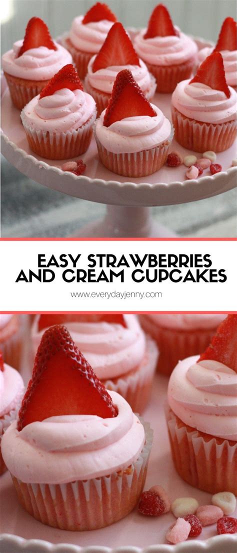 Easy strawberry sheet cake made with a box cake mix base, with added ingredients and a cream cheese strawberry icing. EASY STRAWBERRIES AND CREAM CUPCAKES (With images) | Cake ...