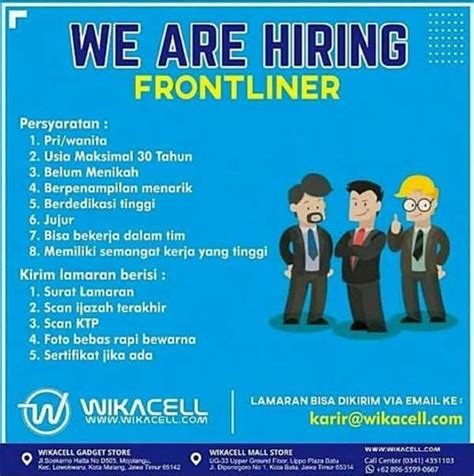 Mendaftar untuk pengiriman lowongan kerja kami dan mendapatkan pekerjaan baru sesuai dengan kebutuhan anda dari lebih dari 7370 situs lowongan kerja. Lowongan Kerja Frontliner Wika Cell Malang - Gibran Waluyo di Malang Kota, 27 Dec 2019 - Loker ...