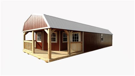 The lofted cabin provides overhead storage space with a covered entry. Circle E Buildings | Portable Shed, Cabin, Barn, Garage ...