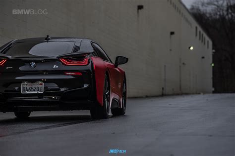 Bmw i8 wrapped in satin red chrome, all gloss black parts wrapped in real look carbon, rims powder. One Of A Kind: BMW i8 in Frozen Red Satin Conform Chrome