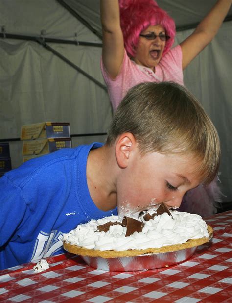 The pies are piled high with whipped cream, for extra messiness. Pie eating contest. Fun FRG event idea maybe for a 4th of ...