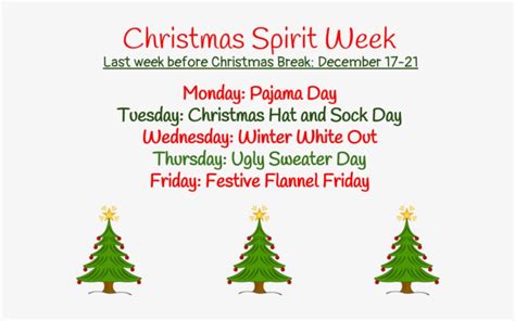 Below is a list of what to wear on each day. Christmas Spirit Week : Christmas Spirit Week La Feria High School : We can certainly help with ...