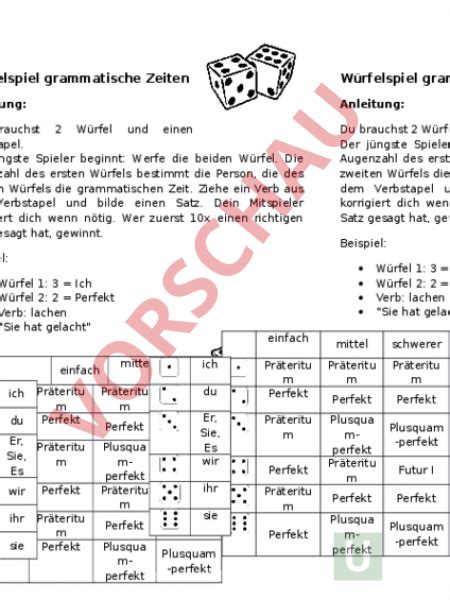 Das spiel von 10000 ist ein beliebtes würfelspiel, das in vielen formen existiert. Arbeitsblatt: Verben Würfelspiel - Deutsch - Grammatik