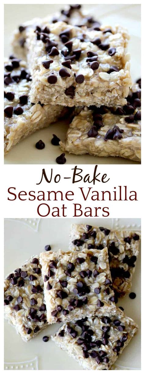 These bars have a creamy chocolate and peanut butter center surrounded by crunchy sweet oats. Amazing No-Bake Sesame Vanilla Oat Bars - Delicious Little ...