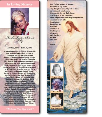 All bookmarks and laminated obituaries can be made to match any of the tribute card templates found at the link below. Plastic and Laminated Bookmarks and Memorial Cards - ILC