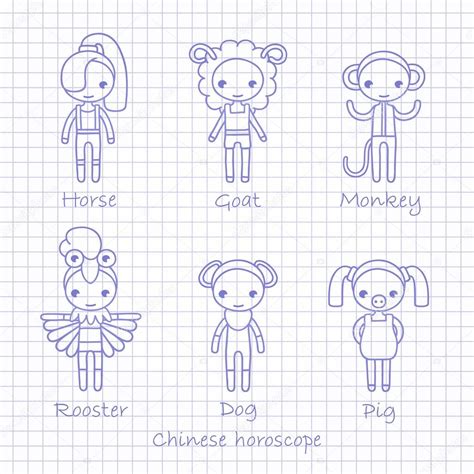 Keuze uit alle soorten omheiningen voor honden, altijd een veilige en betrouwbare oplossing. vector blauwe hand tekening tekenen van de Chinese Horoscoop paard, geit, aap, Haan, hond en ...