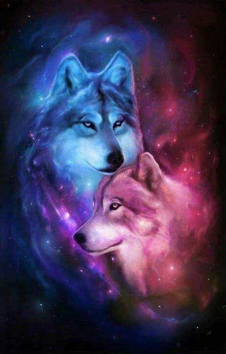 Customize and personalise your desktop, mobile phone and tablet with these free wallpapers! Blue & Pink Cosmic Wolves | Wolf spirit animal, Wolf ...