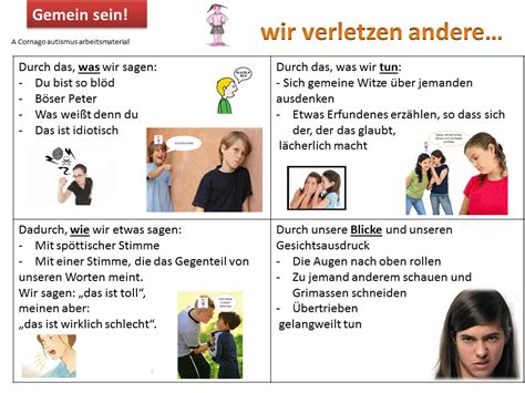 Wie beispielsweise blickkontakt, gesichtsausdruck, körperhaltung und gestik zur steuerung sozialer interaktionen Autismus Arbeitsmaterial: Gemein sein