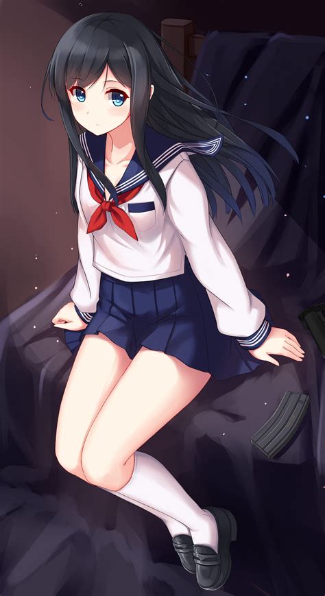 44785 vistaslargo de la muchacha de pelo negro, una cara bonita. blue eyes, Anime girls, School uniform, Long black hair ...