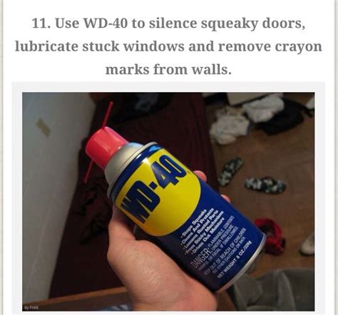 Spray the hinge, then clean it off with a damp microfiber cloth. WD40 hack | Squeaky door, Powerade bottle, Drink bottles