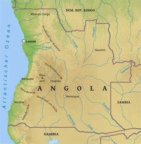 Divas nozīmīgākās angolas upes ir kvanza un kunene. Karte von Angola - Freeworldmaps.net