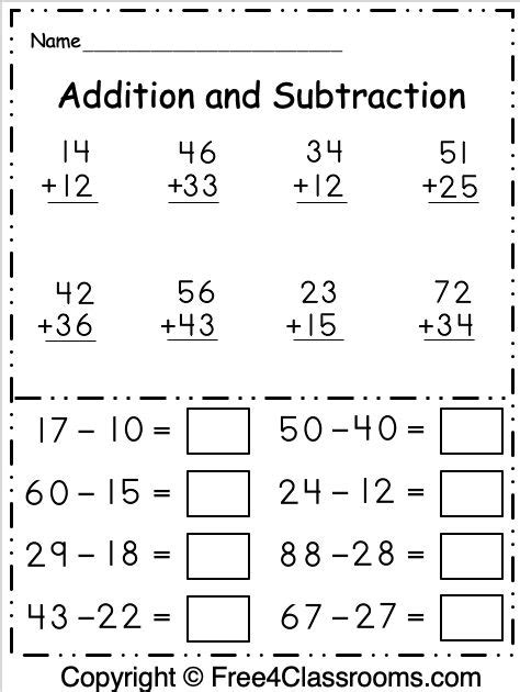 Grade 2 addition worksheets including addition facts, mental addition, addition in columns, multiple addends, adding whole tens and whole hundreds, missing addends 2nd grade math worksheets: Free 1st Grade Addition and Subtraction 2 Digit Math Worksheet - Free4Class… in 2020 | Math ...