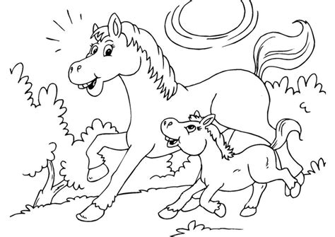 De paarden zijn boerderijdieren, huisdieren worden gebruikt voor vee schot, voor rijden en dressuur. Kleurplaat paard en veulen. Gratis kleurplaten om te printen - afb 25967.