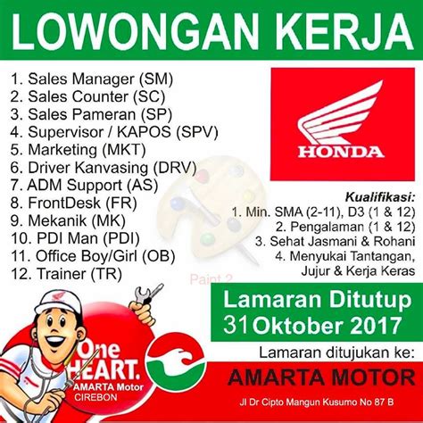 Yakjin jaya indonesia yang merupakan pma asal korea. Lowongan kerja Dealer motor Honda Cirebon Amarta motor