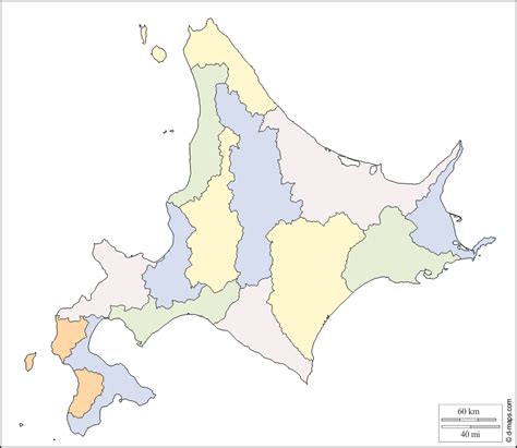 Map of hokkaido and its major cities. Hokkaido free map, free blank map, free outline map, free base map outline, districts, color (white)