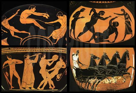 Ils se déroulaient à olympie, dans la cité d'élis, sur la côte ouest du péloponnèse, en grèce. - Détails de vases grecs de l'époque classique ...