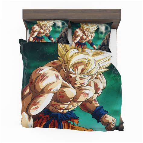 The sheets and pillow cases have a warm and welcoming tan background with brown logos. Goku Super Saiyan Dragon Ball Anime Bedding Set | EBeddingSets