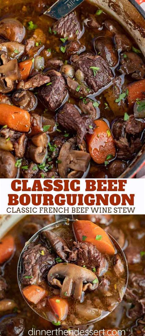 Beef bourguignon made with pearl onions, carrots, mushrooms, beef, and burgundy red. Beef Bourguignon - Dinner, then Dessert