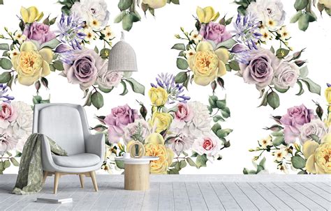 Flowers, flat lay, flatlay, background, table, female, white background. Charming Rosa Wall Mural, Vintage Floral Wallpaper ...