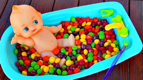 Baby doll bath in skittles candy pretend play. Baby Doll Bathtime Skittles Candy baby doll bath fun ...